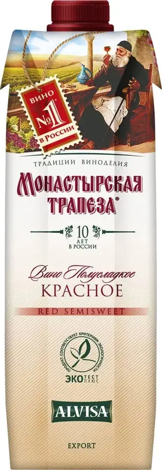 Вино Монастырская Трапеза Красное Полусладкое, 1 л