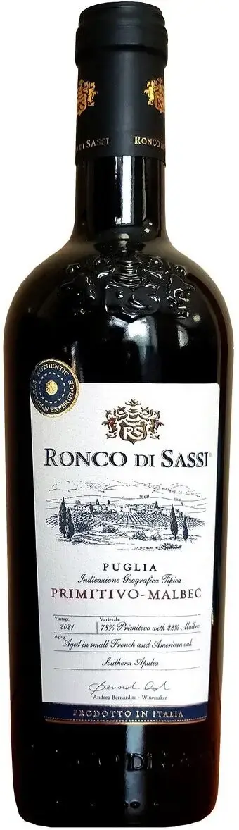 Вино Ronco di Sassi Primitivo-Malbec Puglia IGT, 2021, 0.75 л